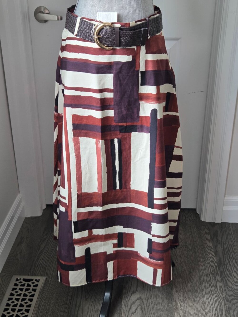 Zara high waisted belted printed a-line poplin skirt rust cream  size L NWT
